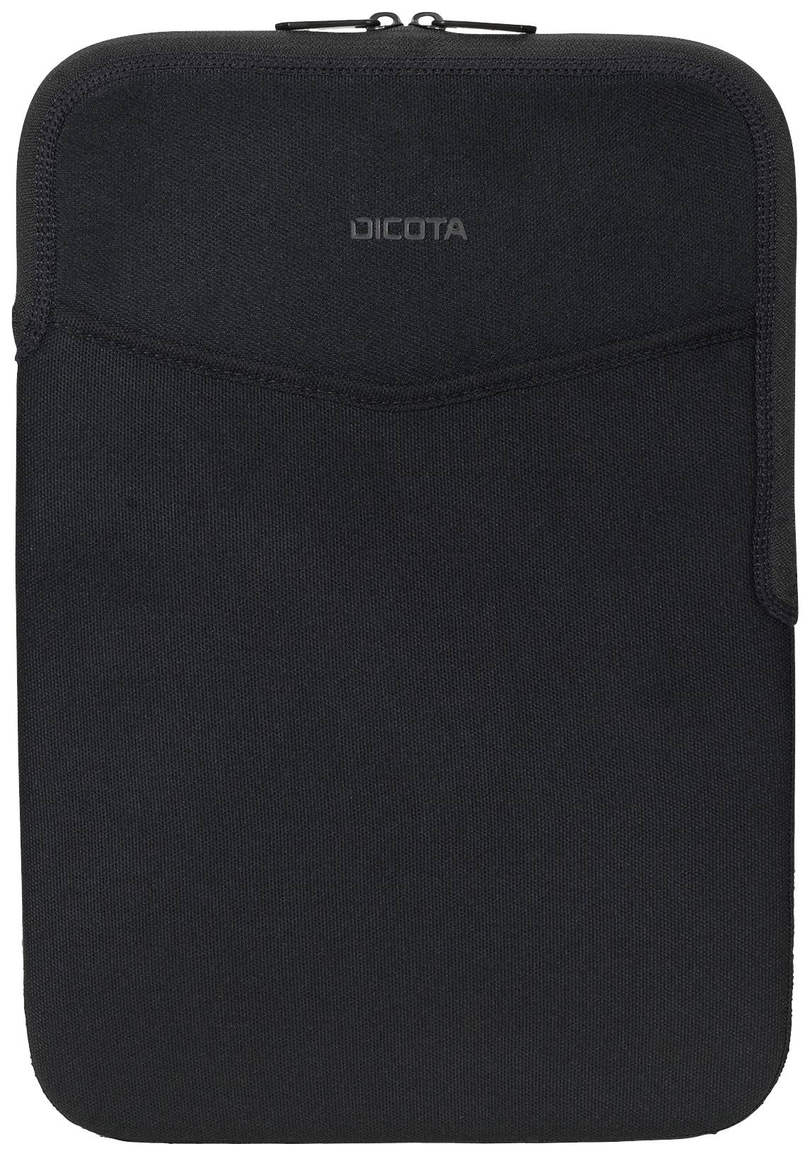 Černé pouzdro na notebook se zipem nahoře. Značka "Dicota" je viditelná na povrchu. Jednoduché, funkční designové řešení.