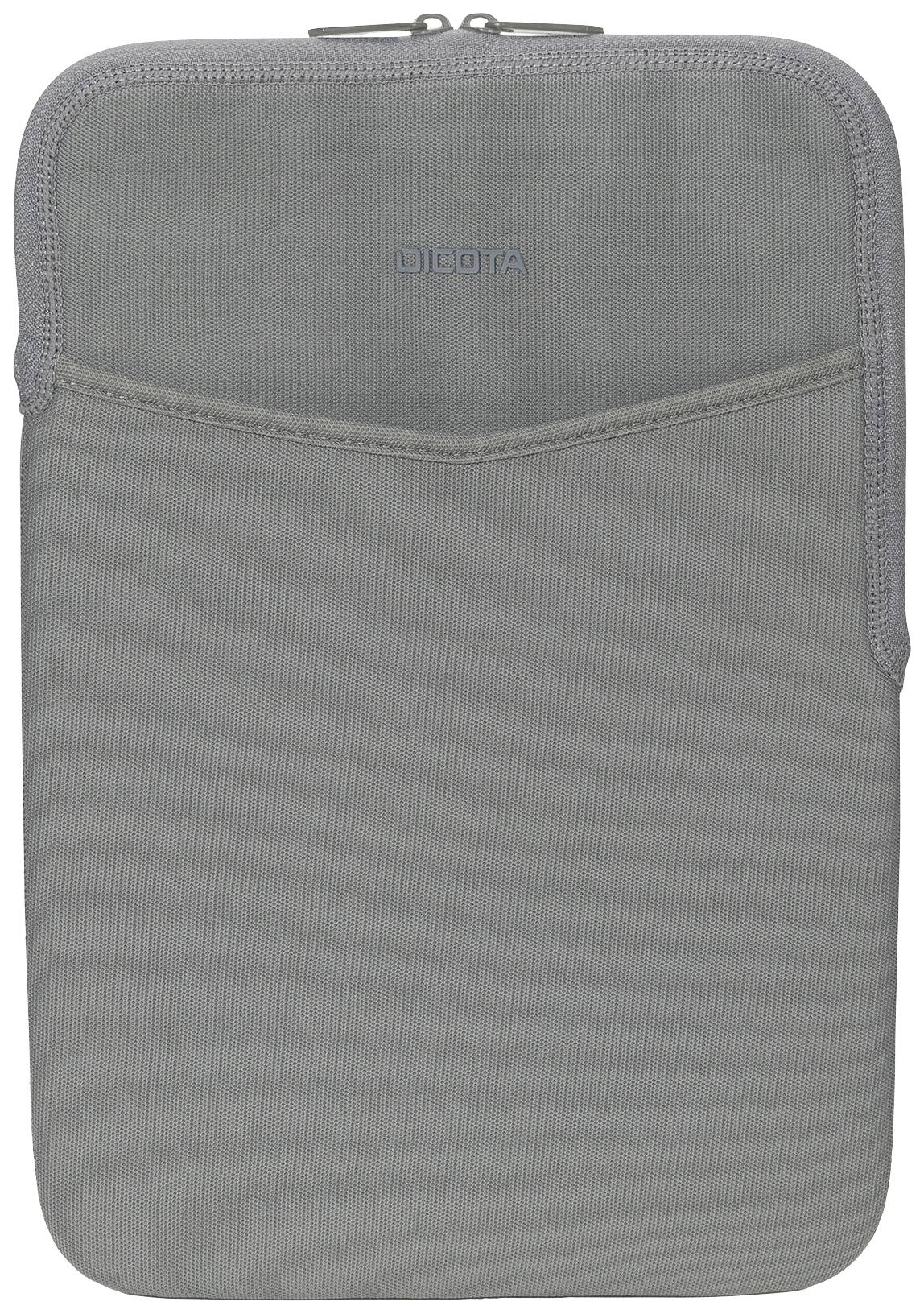 Šedá látkový obal na notebook na zip nahoře s vytlačeným logem 'DICOTA', jednoduchý design, určený pro ochranu a přepravu.