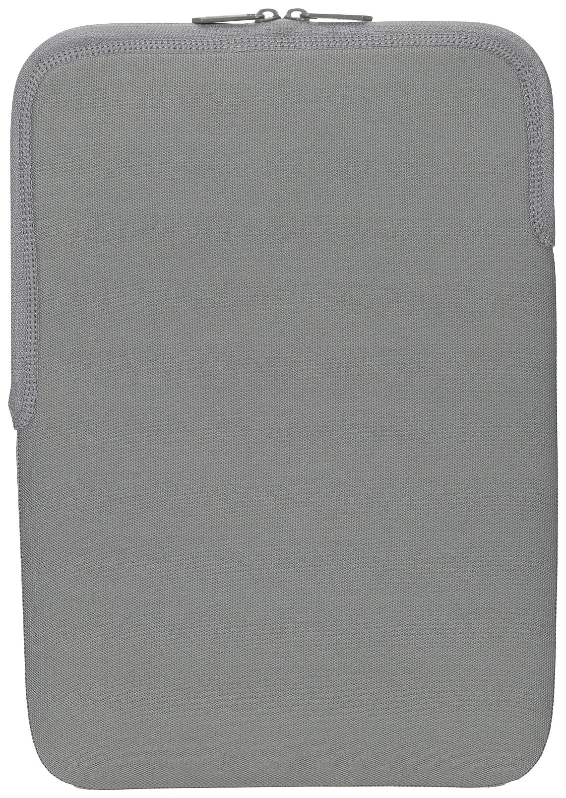 Šedý obal na notebook se zipem nahoře, vyrobený z pružného materiálu, který chrání zařízení před škrábanci a nárazy.