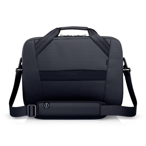 Černá brašna na notebook s rukojetí a odnímatelným ramenním popruhem. Má jednoduché, moderní designové prvky.