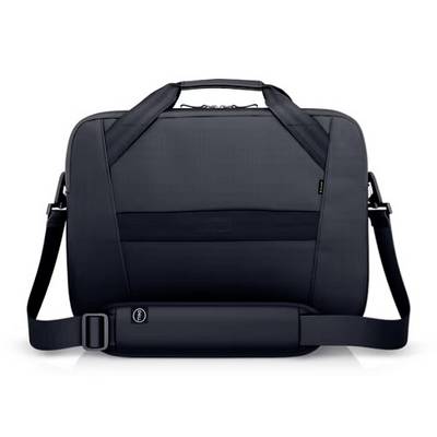 Černá brašna na notebook s rukojetí a odnímatelným ramenním popruhem. Má jednoduché, moderní designové prvky.