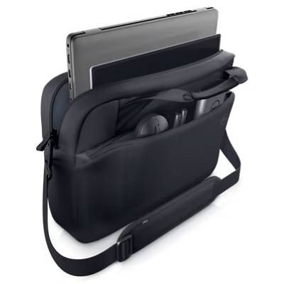 Černá brašna na notebook s ramenním popruhem odhaluje svůj obsah: notebook, tablet a sluchátka vyčnívající z horního otvoru.
