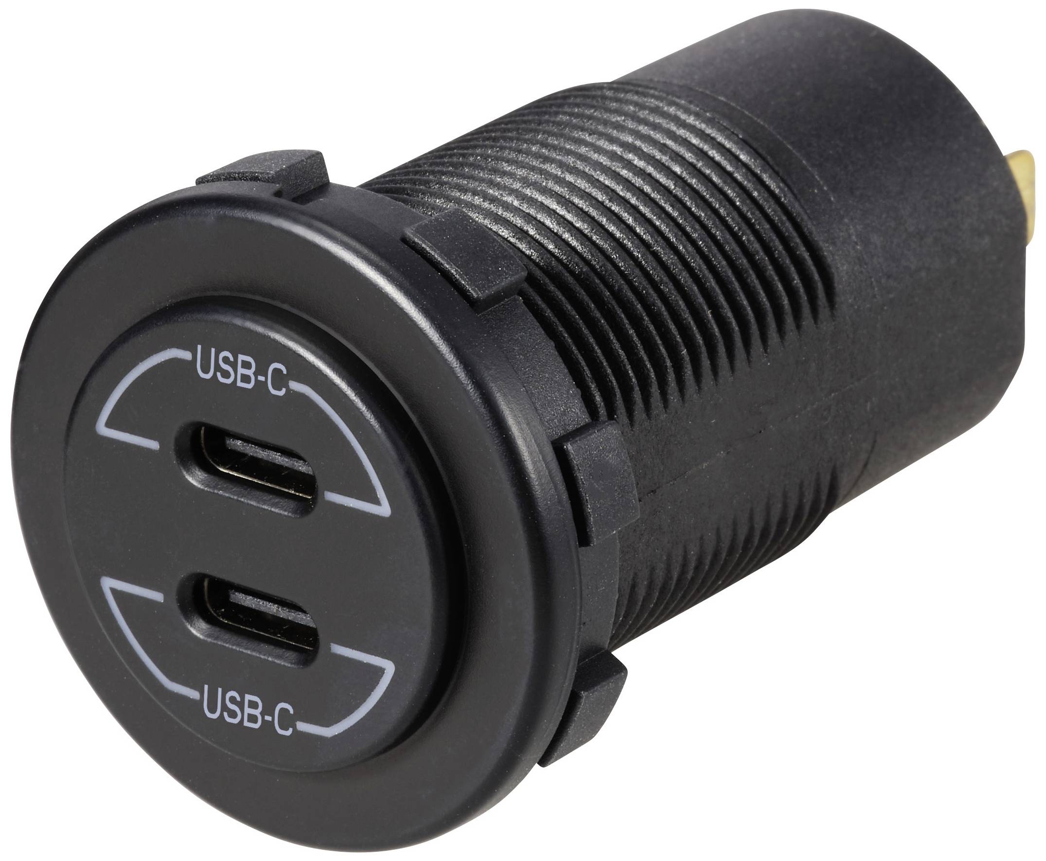 Válcová černá zásuvka se dvěma USB-C porty, vhodná pro elektronická zařízení.