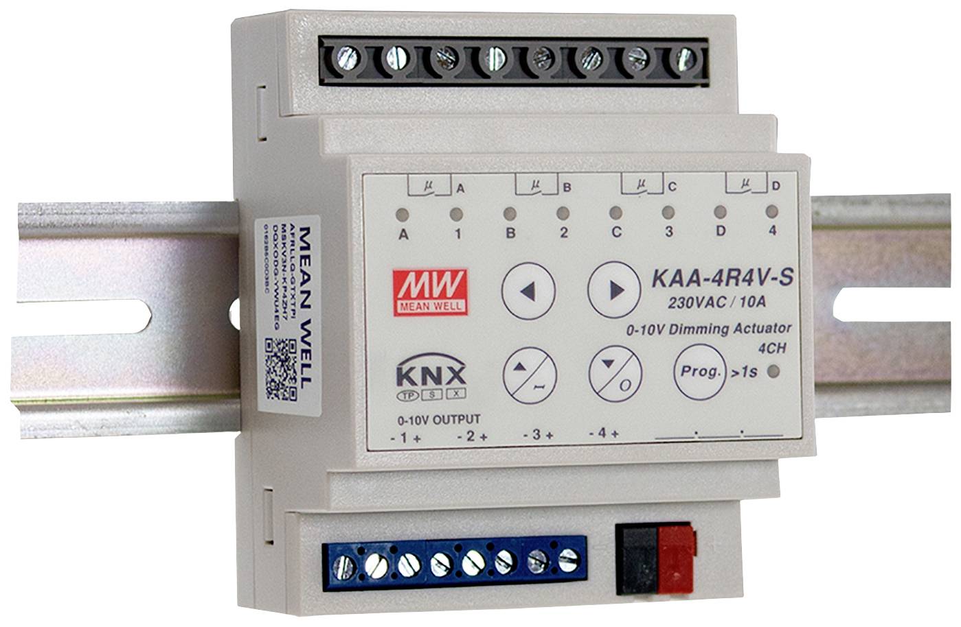 Čtyřkanálový stmívací aktor pro 230V AC/10A montovaný na DIN lištu. Zobrazuje přípojky a ovládací tlačítka na přední straně.