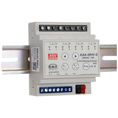 Čtyřkanálový stmívací aktor pro 230V AC/10A montovaný na DIN lištu. Zobrazuje přípojky a ovládací tlačítka na přední straně.