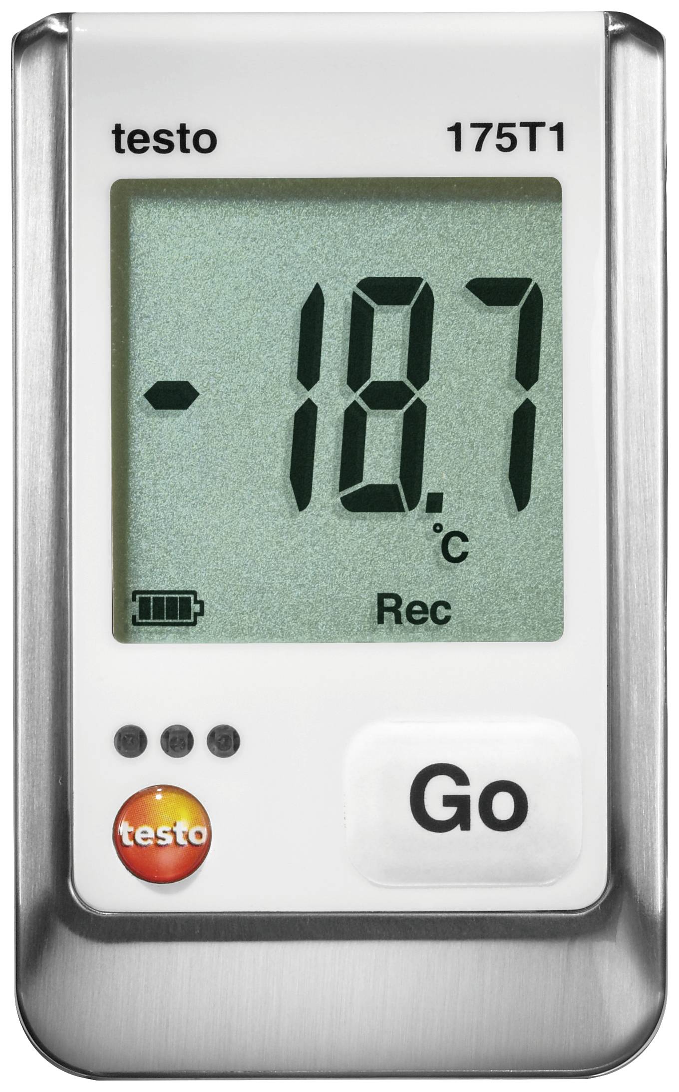 Teplotní datalogger zobrazuje '-18,7 °C' na digitálním displeji. V levém dolním rohu jsou viditelné symboly baterie a záznamu.