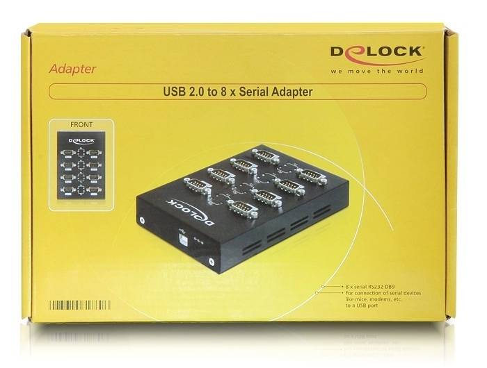 Žlutý obal adaptéru 'USB 2.0 na 8x sériový adaptér' s obrázkem adaptéru a logem Delock. Podporuje 8 sériových zařízení RS-232.