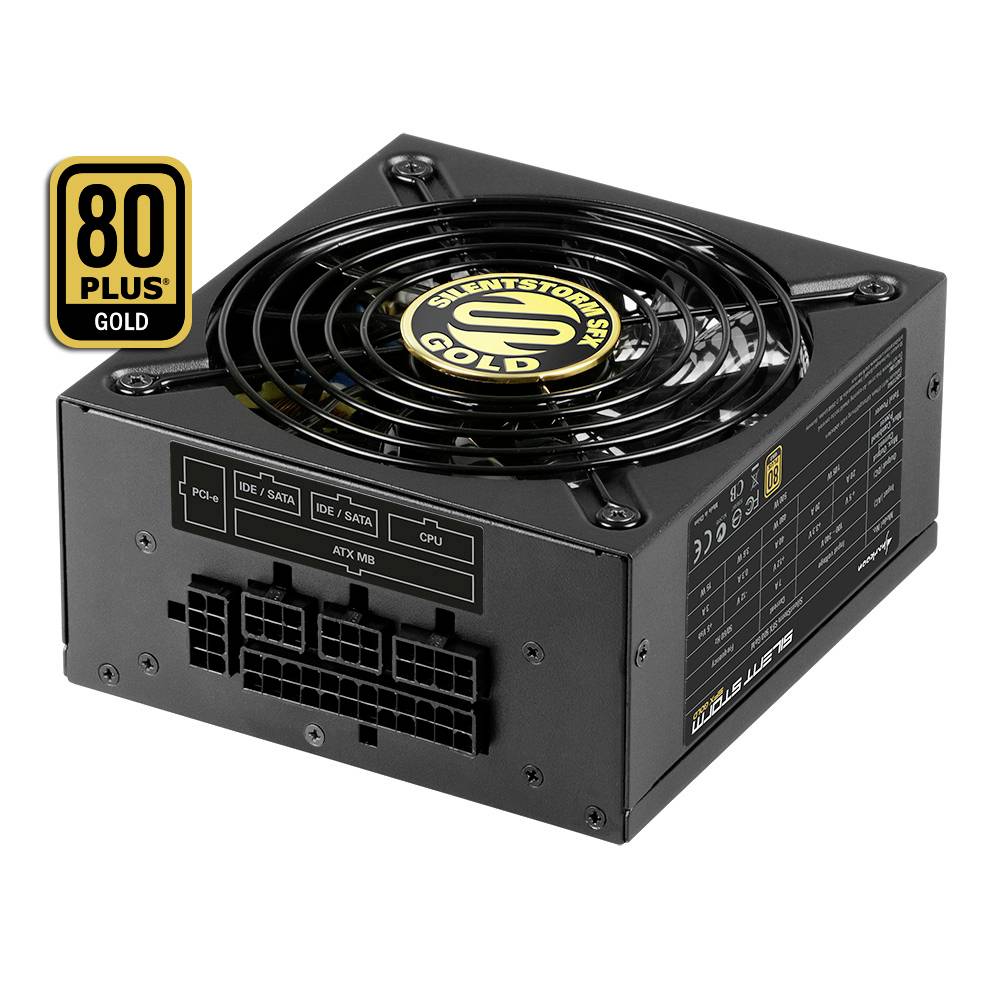 Černý počítačový zdroj s certifikací "80 Plus Gold", zobrazující ventilátor a různé konektory. Označený pro efektivní napájení.
