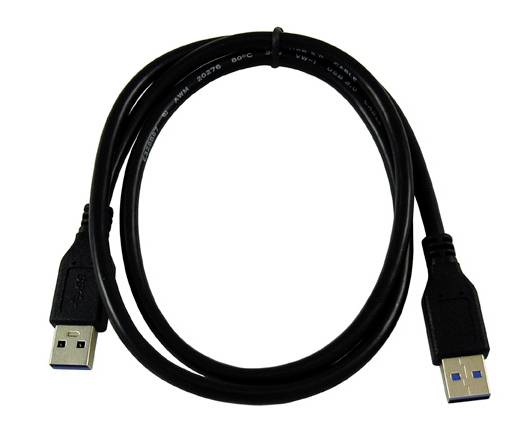 Černý USB kabel s konektorem na každém konci, vhodný pro přenos dat a nabíjení mezi zařízeními.