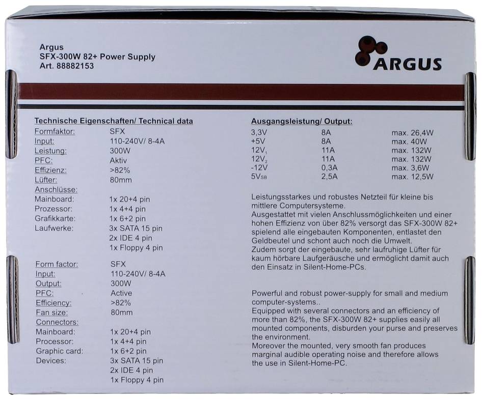Balení zdroje napájení 'Argus SFX-300W B2+ Power Supply'. Technické údaje a specifikace pro napětí, proudovou intenzitu a přípojky jsou zde uvedeny.