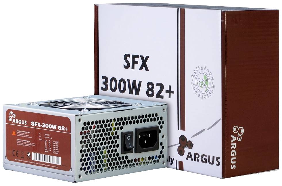 Napájecí zdroj 'Argus SFX 300W 82+' s obalem. Zobrazuje zadní stranu napájecího zdroje s konektory a design obalu s detaily produktu.