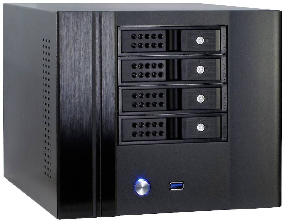Černý externí box na pevný disk se čtyřmi šachtami na přední straně, modrou LED indikací a předním USB portem.