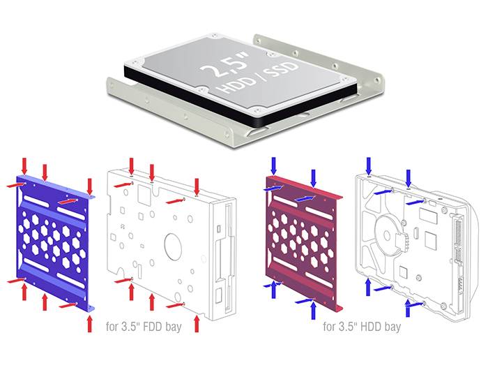 Obrázek zobrazuje adaptér pro 2,5palcové pevné disky určený pro montáž do 3,5palcových pozic. Diagram vysvětluje možnosti instalace pomocí šipek a symbolů.