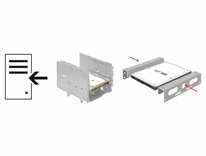 Diagram znázorňuje postup instalace 3,5palcového pevného disku do počítače. Šipky ukazují polohy šroubů pro upevnění držáku.