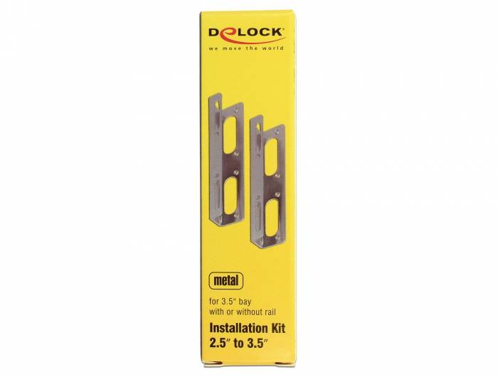 Instalační sada 2,5" na 3,5" od Delocku. Žlutá krabice s obrázkem dvou kovových držáků. Vhodná pro 3,5" šachty.