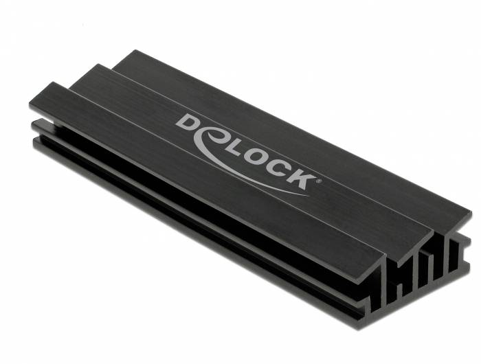 Černý chladič s bílým nápisem 'D-LOCK', který se používá k odvodu tepla z elektronických součástek.