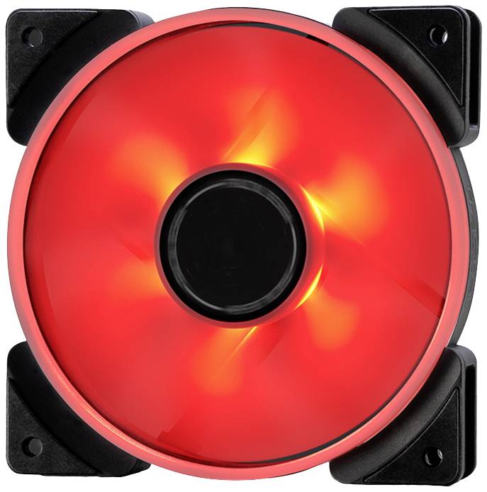 Kulatý, červený počítačový ventilátor se svítícími LED světly a černými úchyty v rozích.
