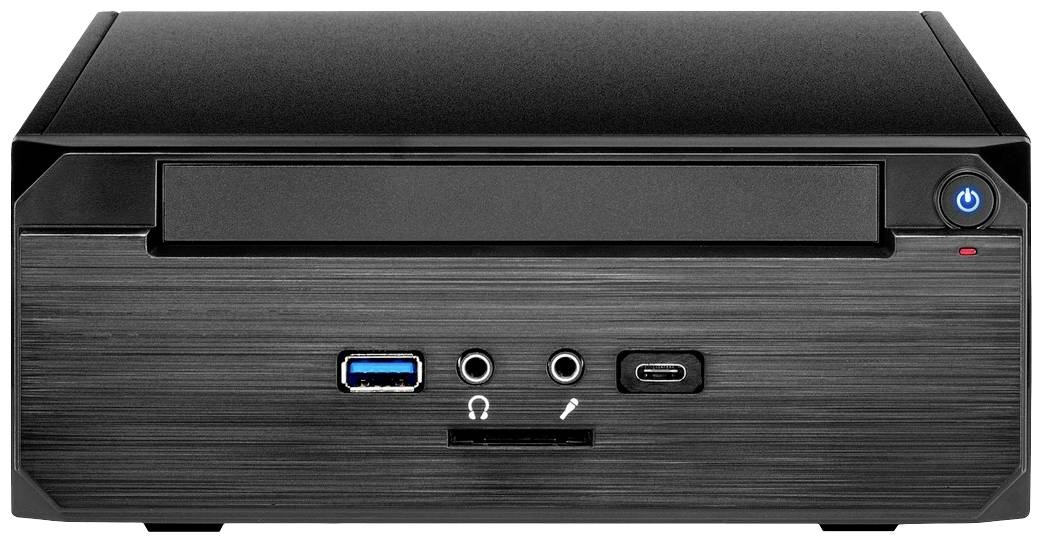 Černý mini PC, pohled zepředu. Disponuje USB portem, audio konektory a síťovým vypínačem.