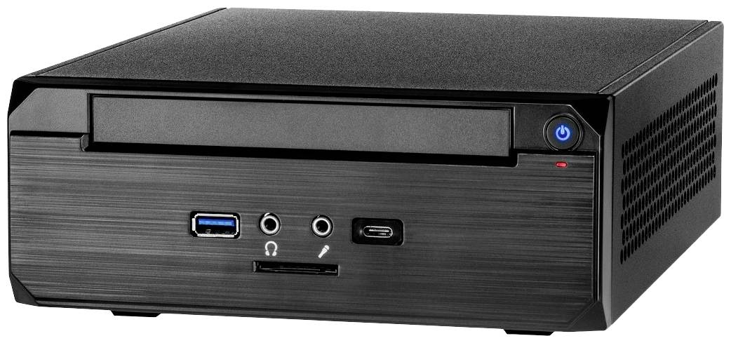 Malý stolní počítač v černém těle s USB a audio porty na přední straně. Vypínač svítí modře.