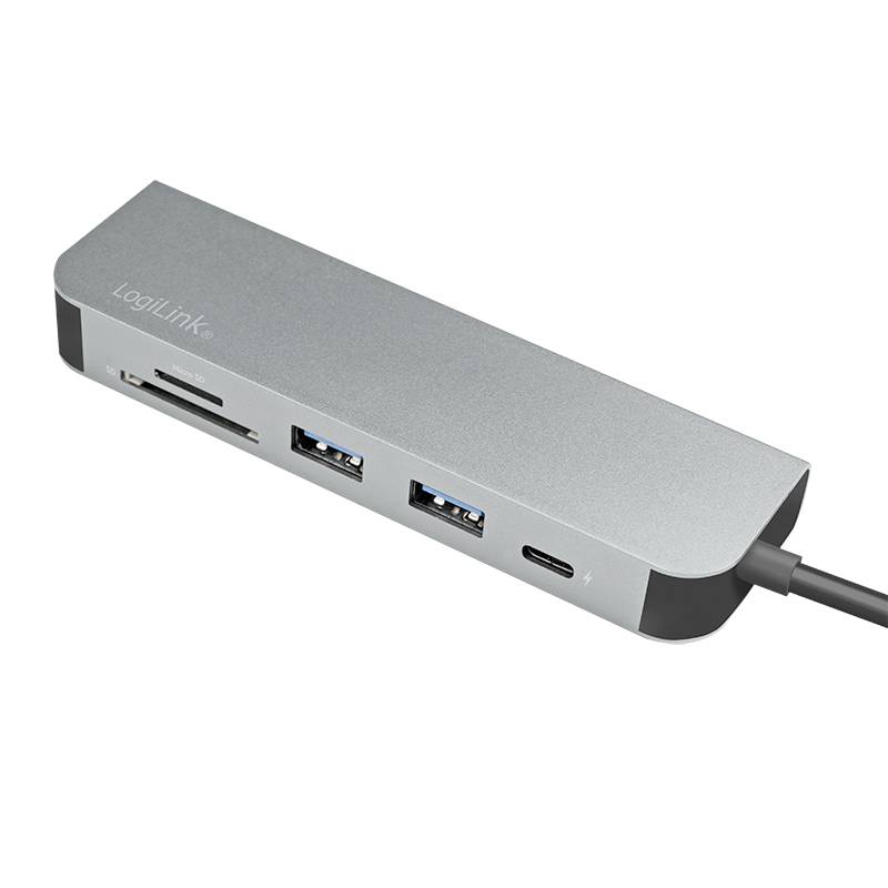 Stříbrný USB hub značky LogiLink s několika porty, včetně dvou USB portů a jednoho USB-C portu.