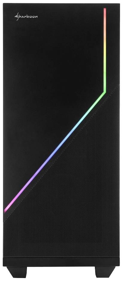Černá počítačová skříň s diagonálním RGB podsvícením na přední straně. Logo značky je viditelné vlevo nahoře.