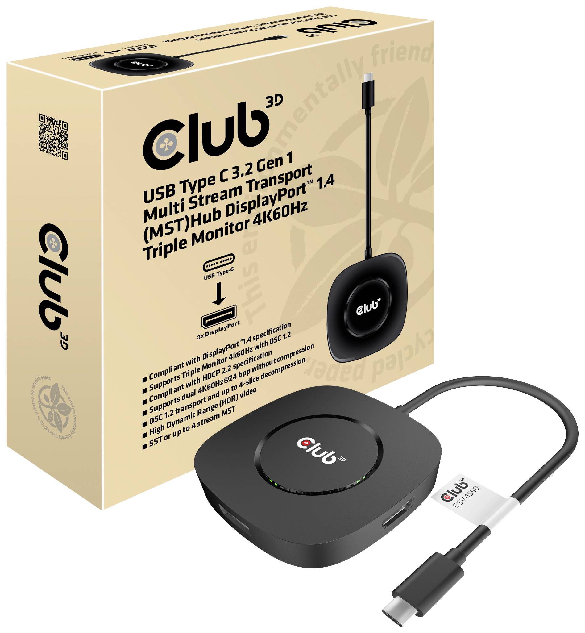 Balení a produkt USB rozbočovače Club 3D USB Type C 3.2 Gen 1 Multi Stream Transport s DisplayPort 1.4 zobrazen. Podporuje trojitý monitor v rozlišení 4K/60Hz.