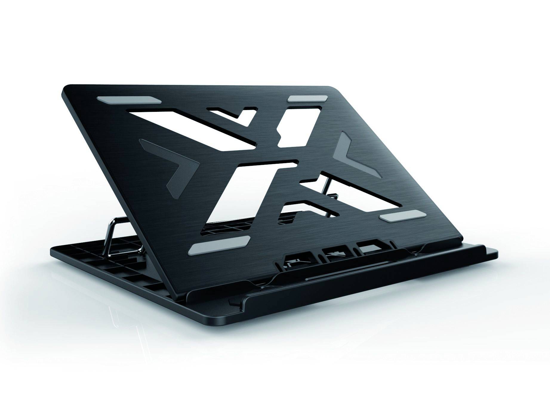 Stojan na notebook z černého kovu s nastavitelným sklonem, vhodný pro zlepšení ventilace notebooku a ergonomie.