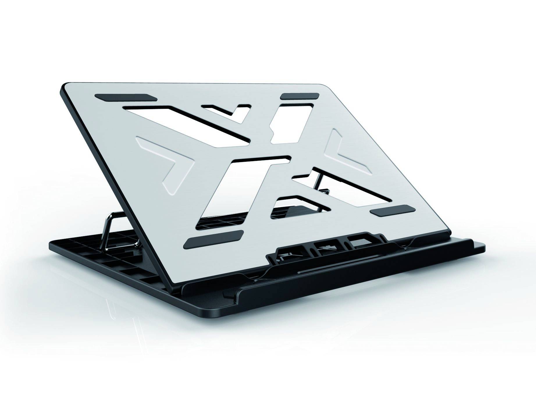 Nastavitelný stojan na notebook z kovu s moderním geometrickým designem, vhodný pro zvýšení výšky obrazovky.