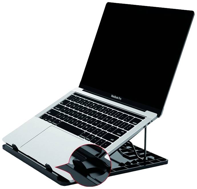 Notebook na výškově nastavitelném stojanu. Detail zvětšuje mechanismus stojanu pro úpravu výšky.