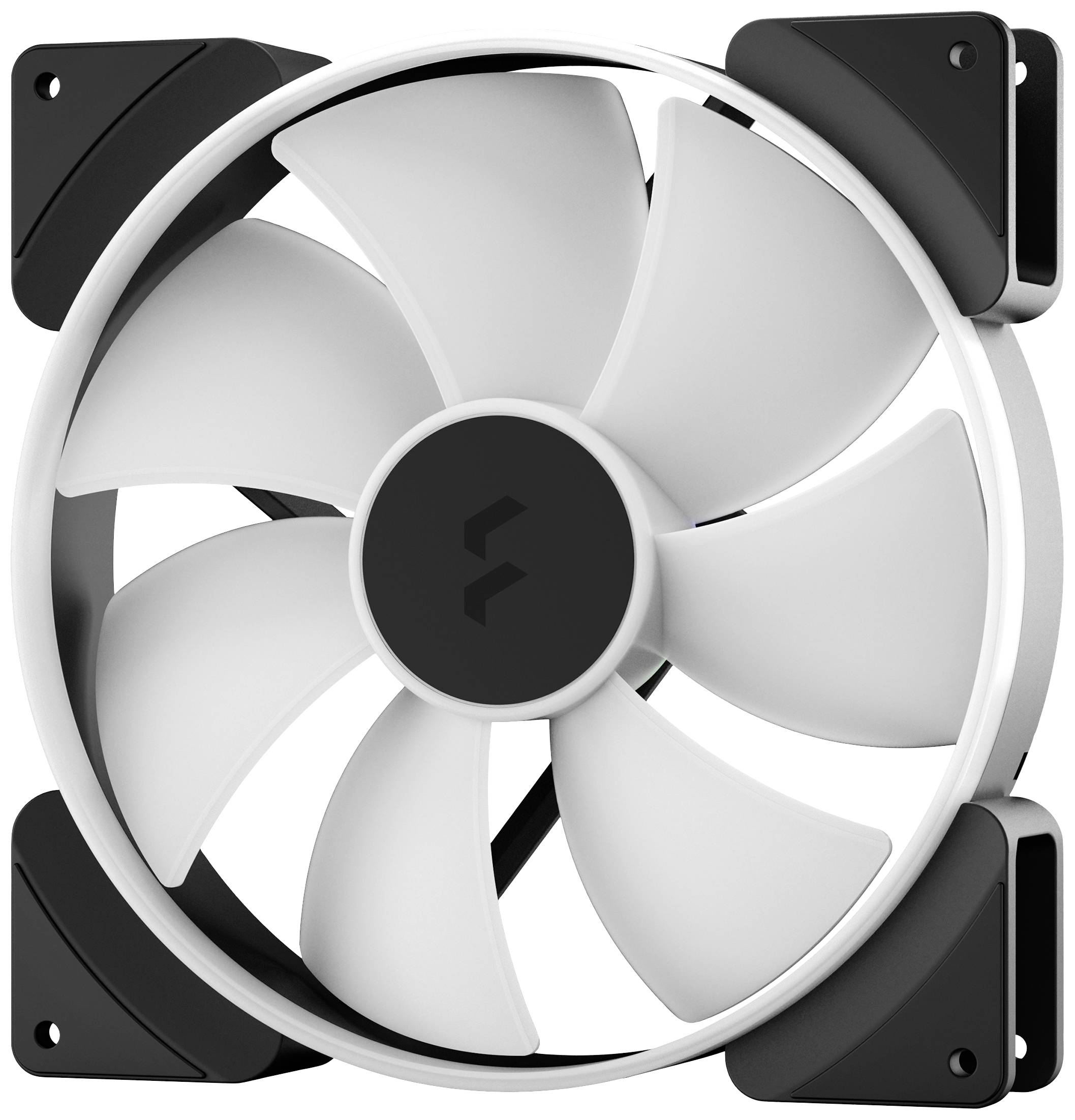 Chladicí ventilátor s pěti bílými lopatkami rotoru, elegantním černobílým designem a tichým chodem, vhodný pro chlazení počítačů.