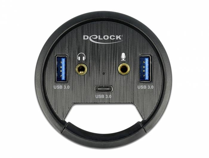 USB hub značky Delock se dvěma USB 3.0 porty, jedním USB-C portem a samostatnými vstupy a výstupy pro sluchátka a mikrofon.