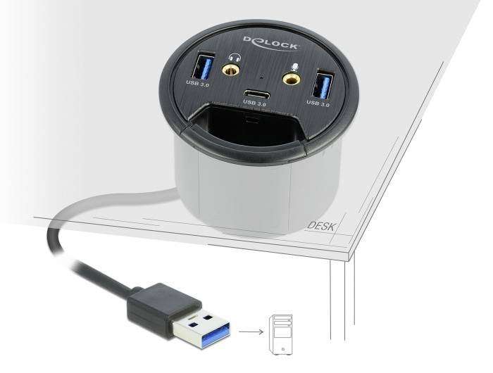 USB hub se dvěma USB 3.0 porty a zvukovými vstupy, integrovaný do stolu. Připojený USB kabelem k počítači.