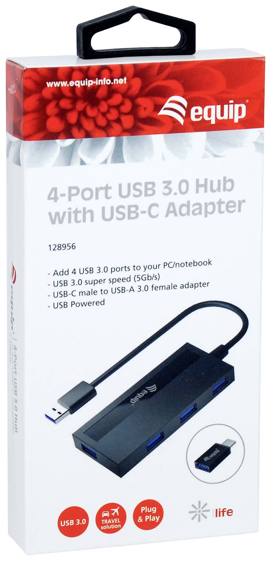"USB 3.0 4-portový hub s USB-C adaptérem" Obal. Obsahuje produktové foto hubu a popisuje funkce jako 5Gb/s rychlost a USB-C na USB-A adaptér.