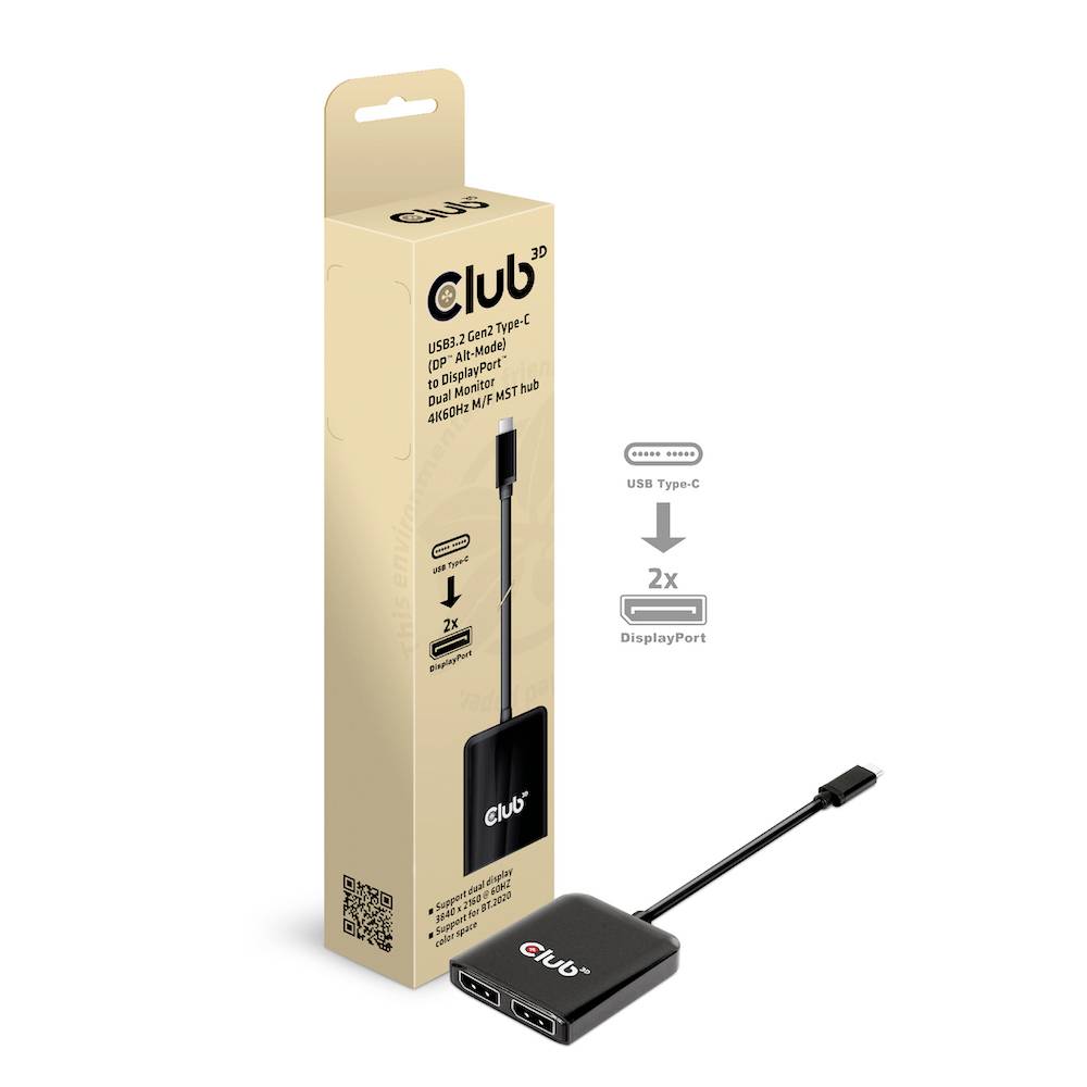 Obrázek znázorňuje USB-C adaptér a jeho obal. Adaptér má dva DisplayPort porty. Text na obalu: 'USB 2.1 Gen2 Type-C'.