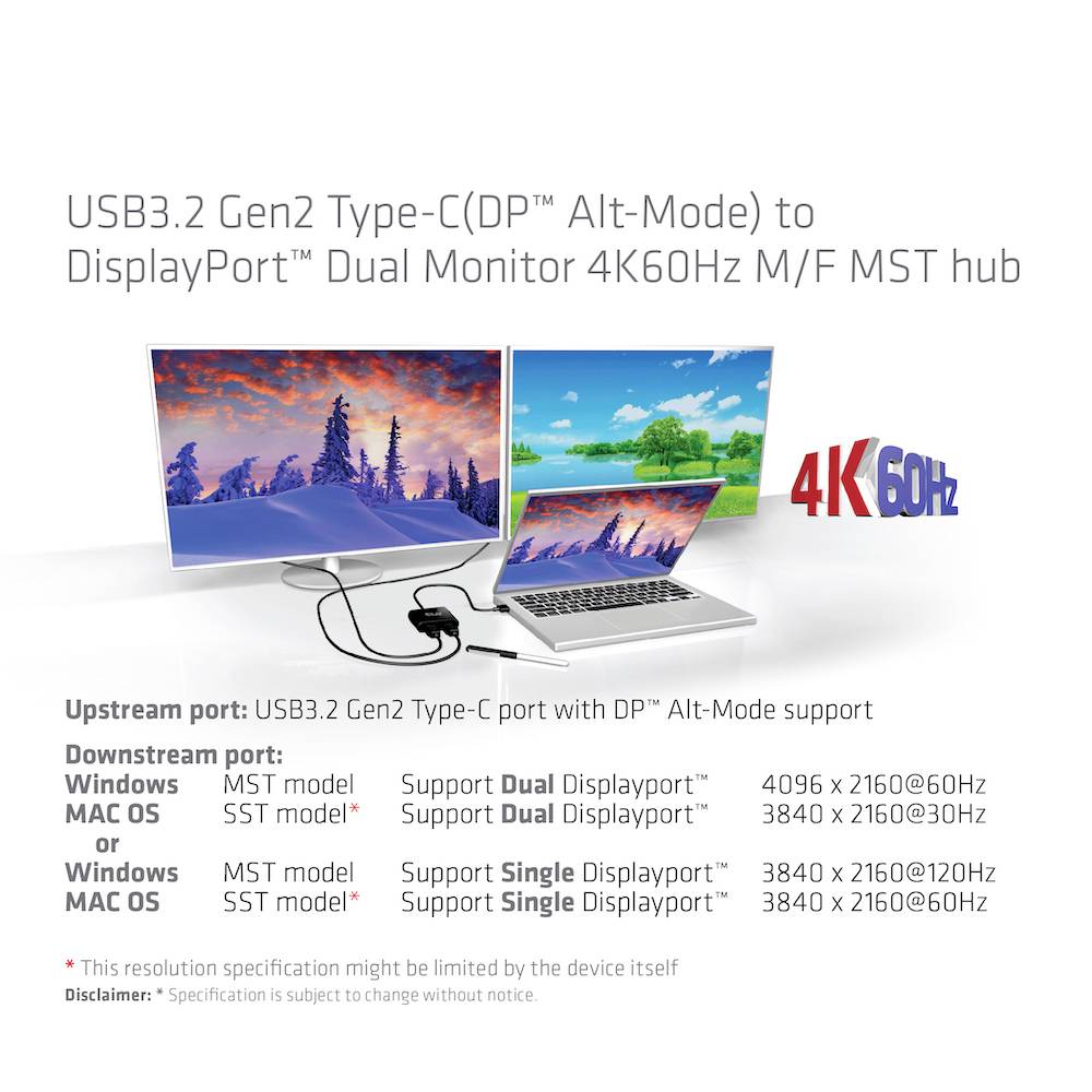 USB3.2 Gen2 Type-C na DisplayPort Duální Monitor 4K60Hz M/F MST Rozbočovač. Dva monitory v krajinném uspořádání, technické údaje níže.