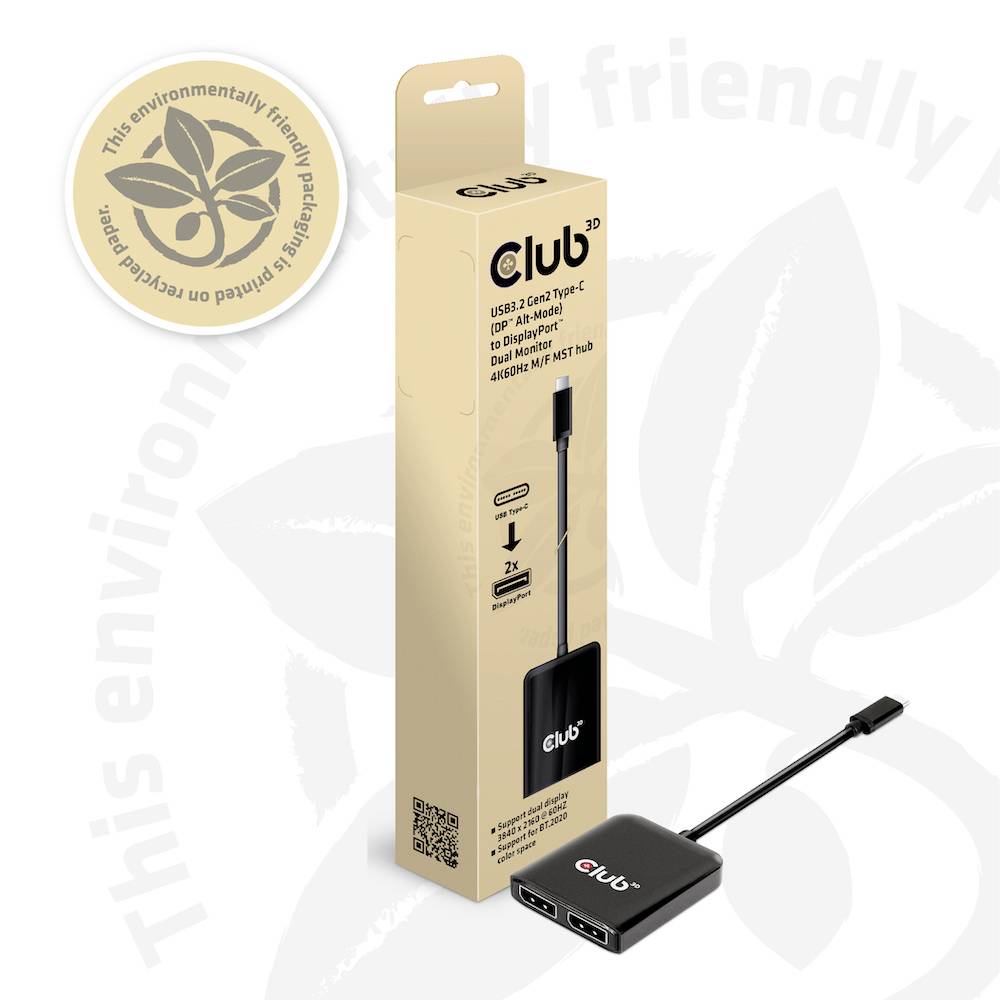 Balení a adaptér od Club3D pro USB-C DisplayPort. Nápis 'Tato ekologicky šetrná krabice je vyrobena z recyklovaných materiálů.' ukazuje na udržitelnost.