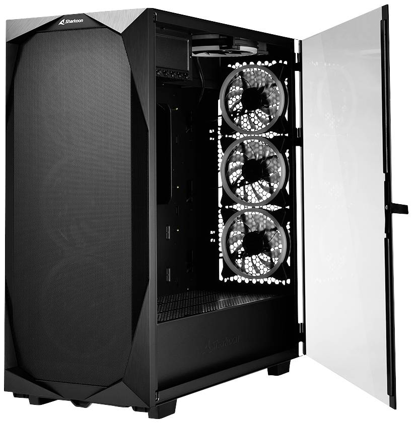 Otevřená, černá počítačová skříň s třemi osvětlenými ventilátory na přední straně, připravená pro instalaci hardwarových komponent.