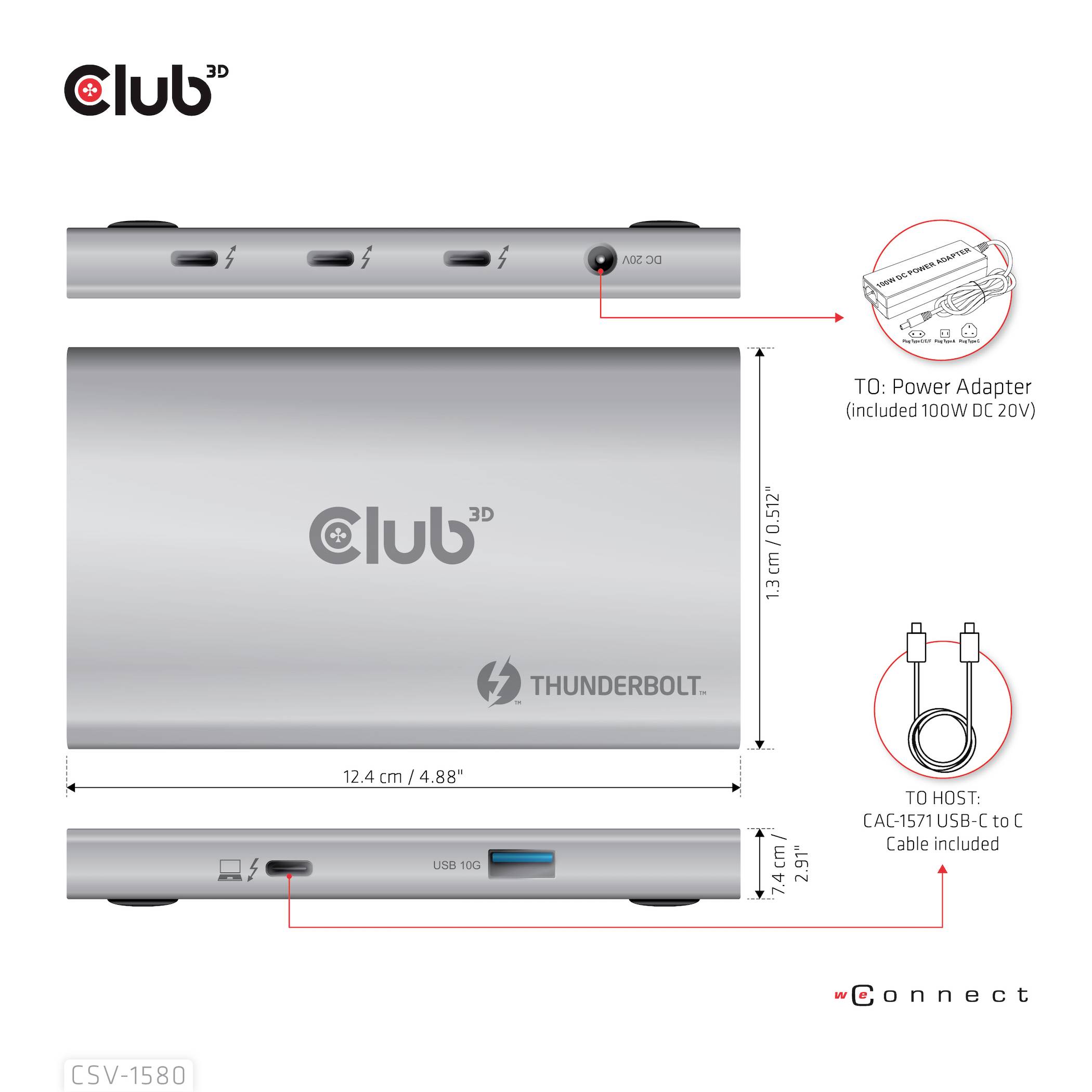 Dokovací stanice Club3D, model CSV-1580, s připojením Thunderbolt. Rozměry: 12,4 cm x 7,4 cm x 1,3 cm. Porty pro napájení a USB.