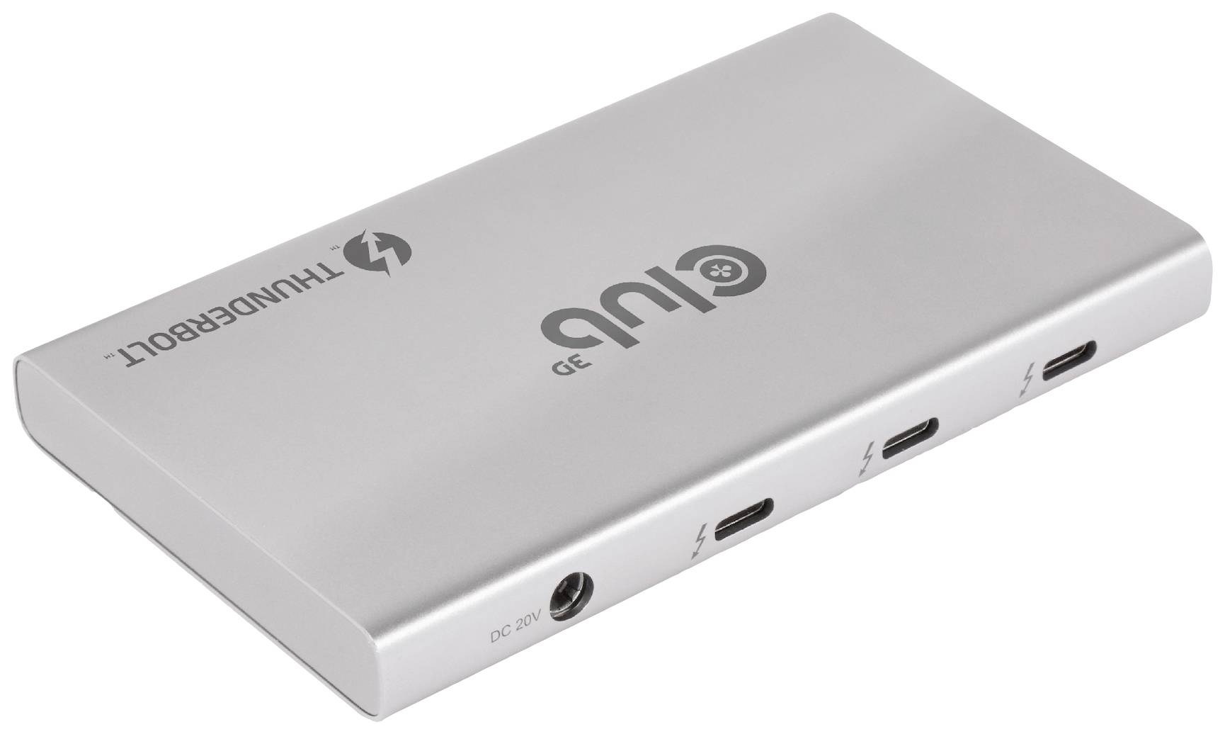 Plochý, stříbrný externí pevný disk s připojením Thunderbolt a několika porty pro přenos dat, vhodný pro digitální ukládání.