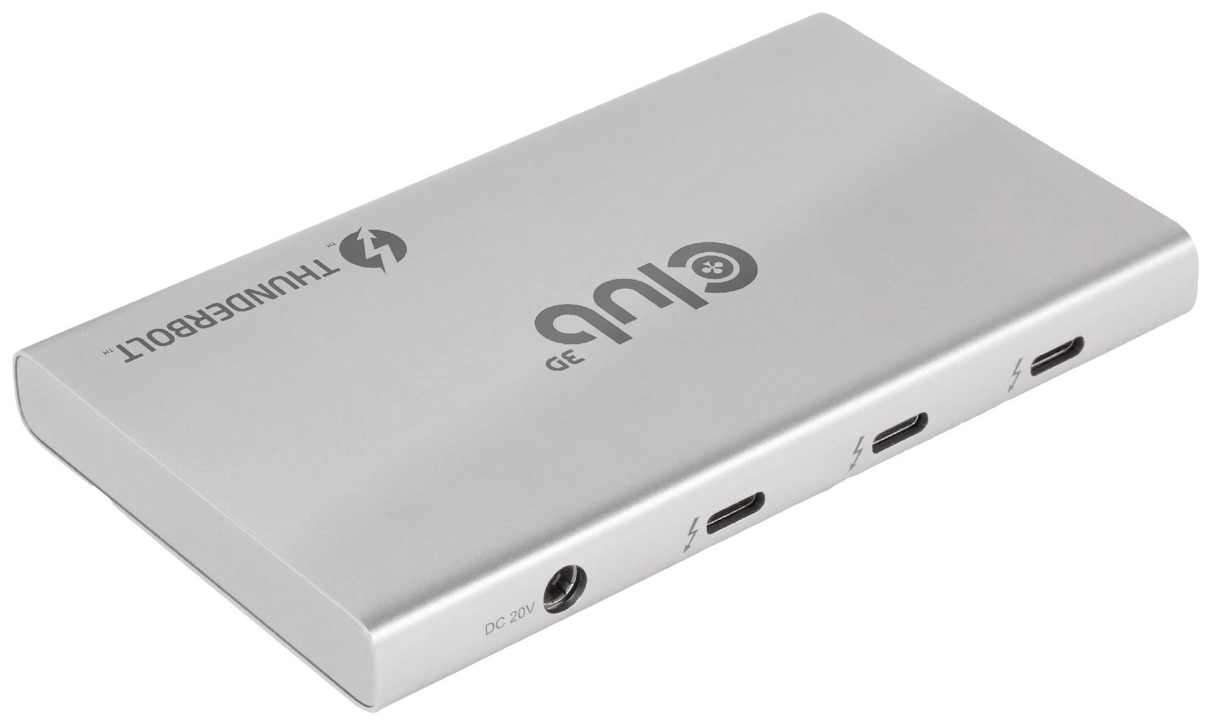 Stříbrná dokovací stanice Thunderbolt s více USB-C porty. Vhodná pro použití s notebooky a dalšími zařízeními.