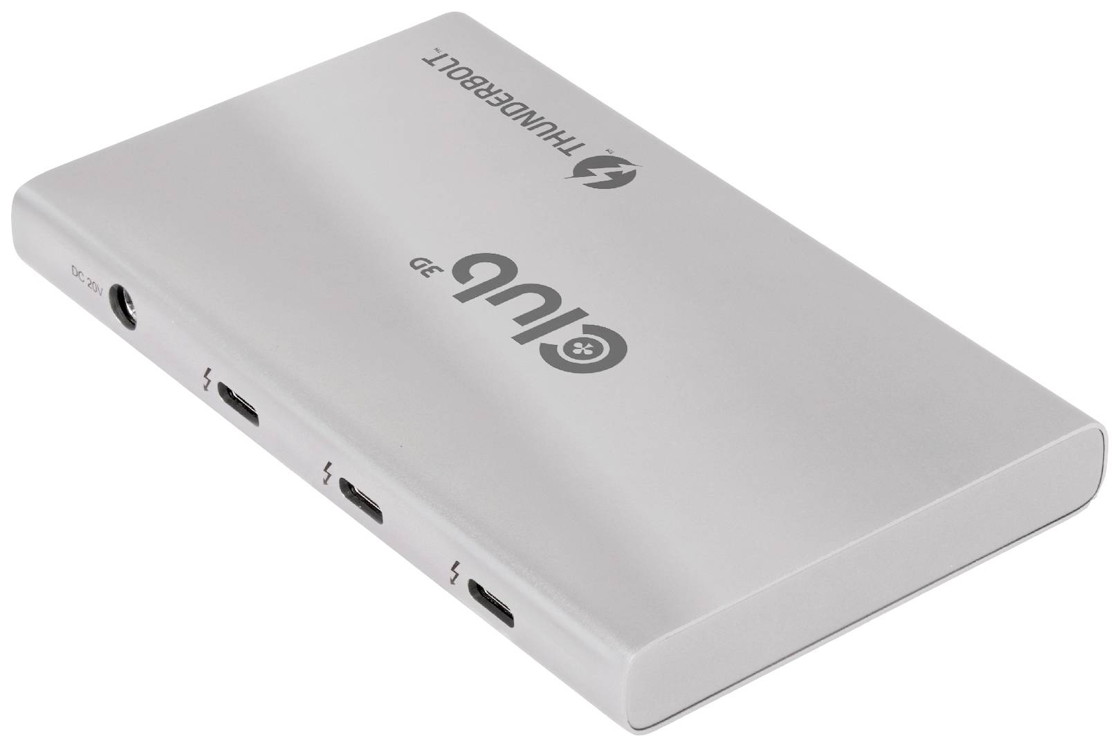 Stříbrná adaptérová krabice Thunderbolt s třemi USB-C porty na straně, název značky 'Club 3D' nahoře.