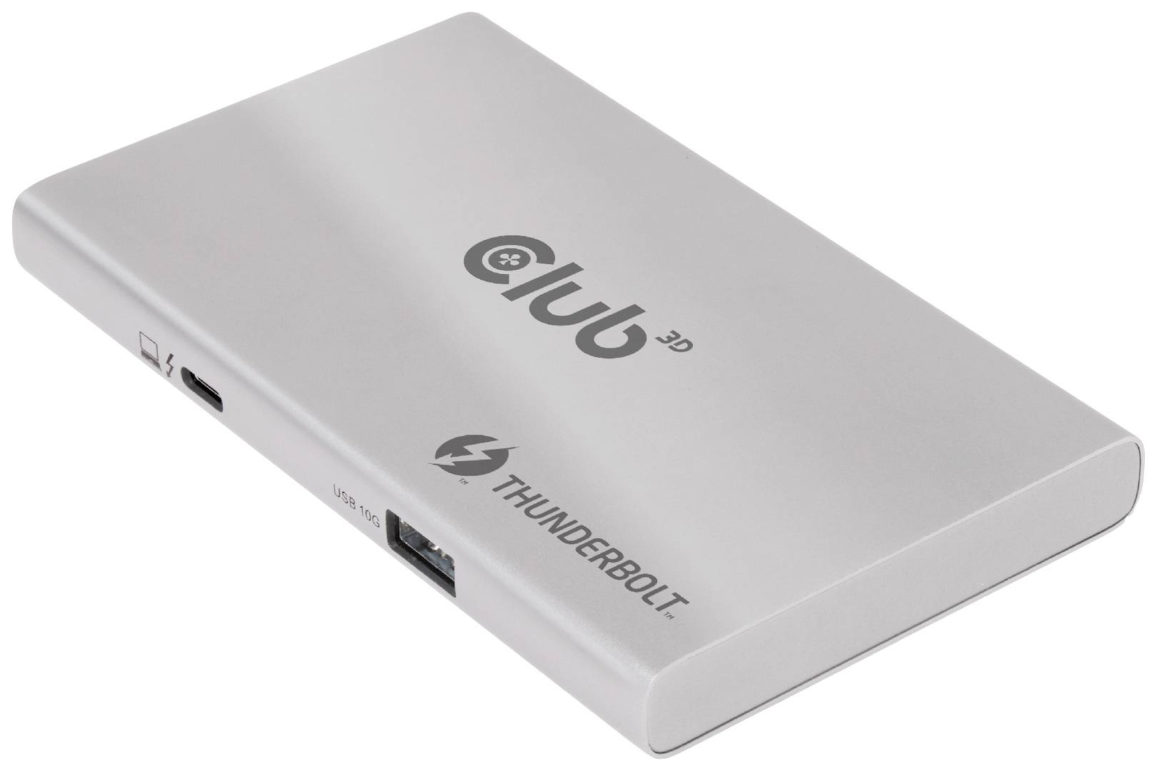Externí pevný disk 'Club 3D' s připojením Thunderbolt, stříbrné šasi, ležící na povrchu.