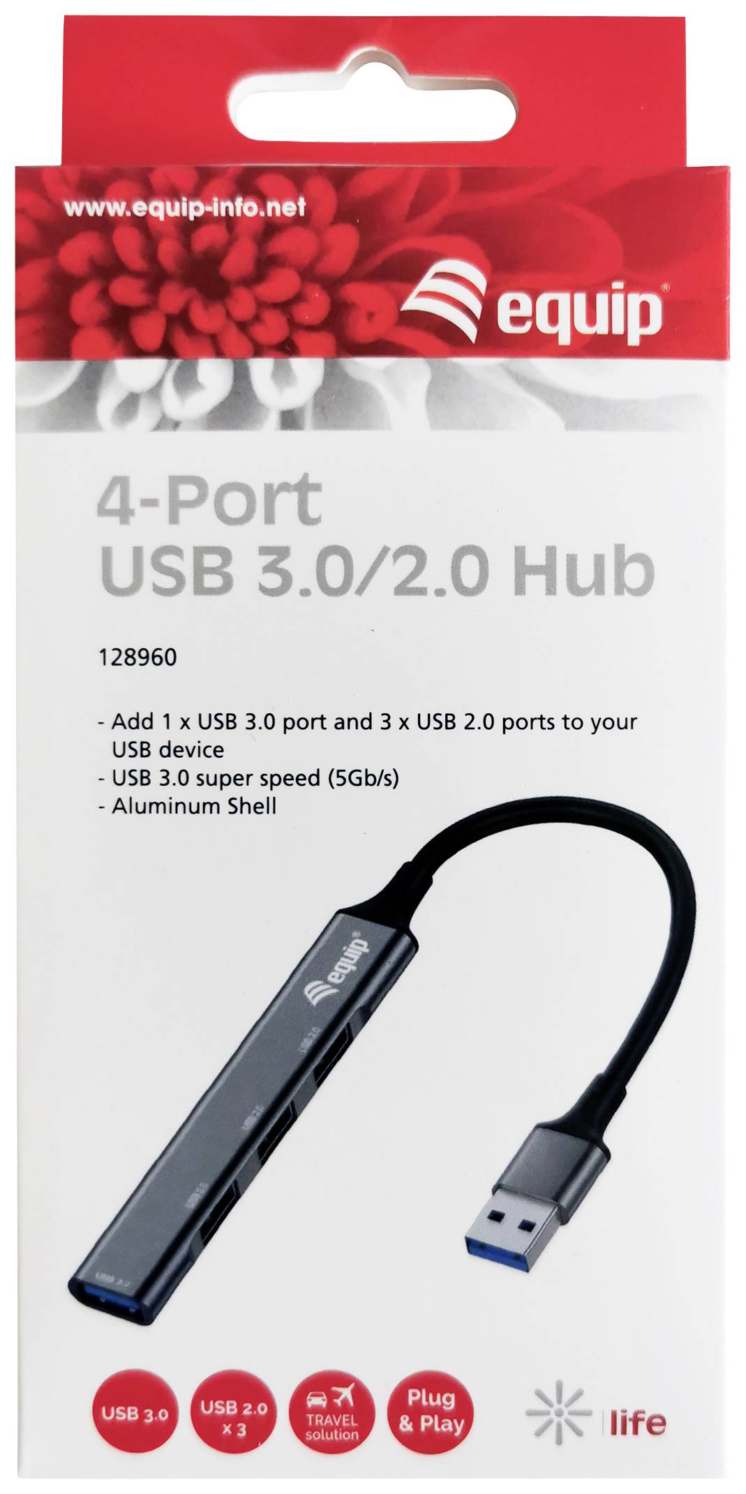 Krabice USB rozbočovače se 4 porty pro USB 3.0/2.0 s obrázkem USB hubu, červenými ikonami pro připojení a funkce, logem značky a adresou webových stránek.