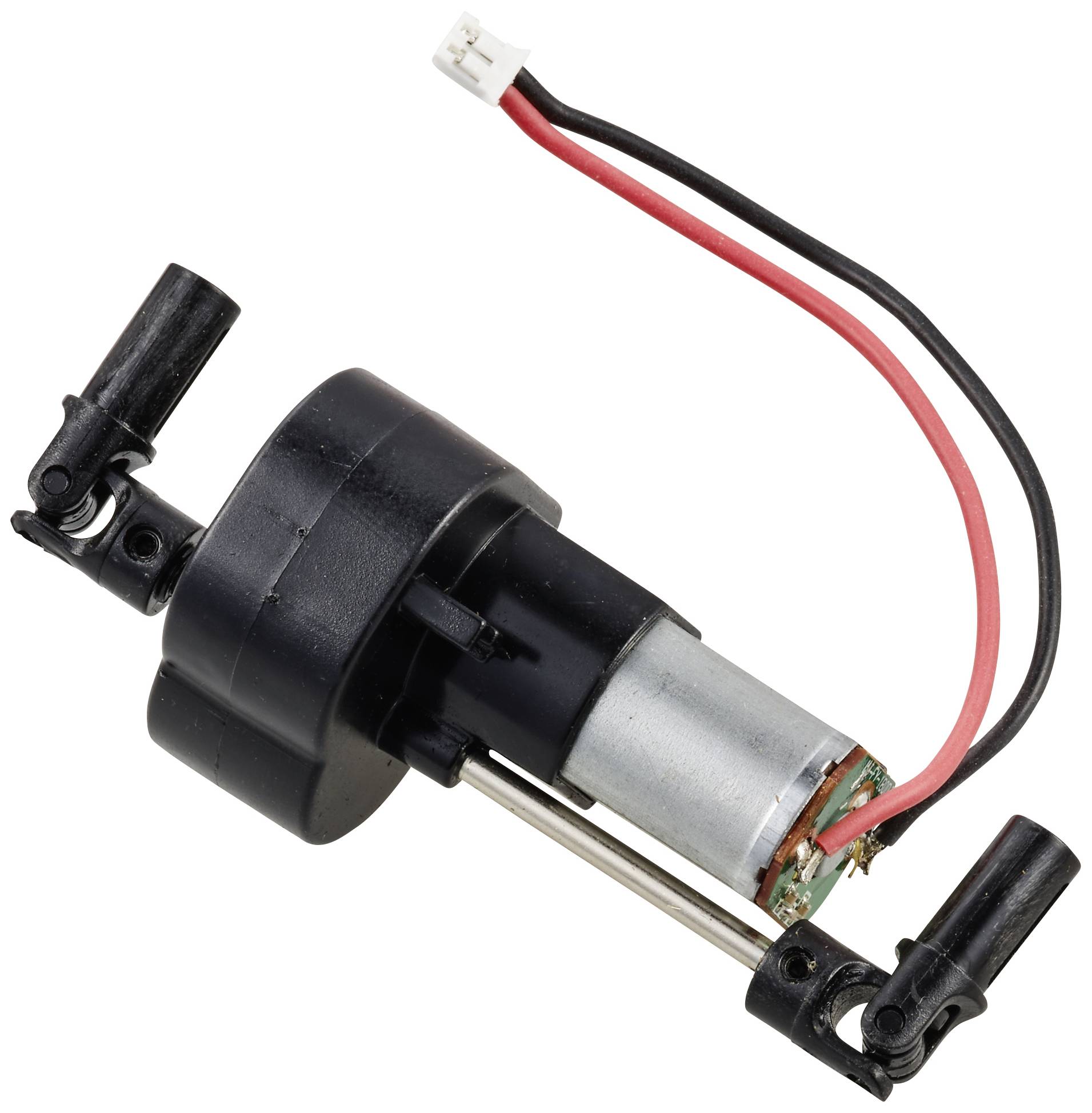 Malý elektromotor se dvěma vodiči (červeným a černým) je připevněn k válcovitému plastovému krytu.
