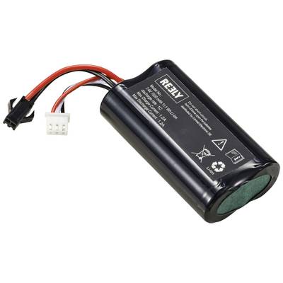 Černý lithium-iontový akumulátor s kabely a konektory na levé straně. Štítek s technickými specifikacemi a symboly je viditelný.