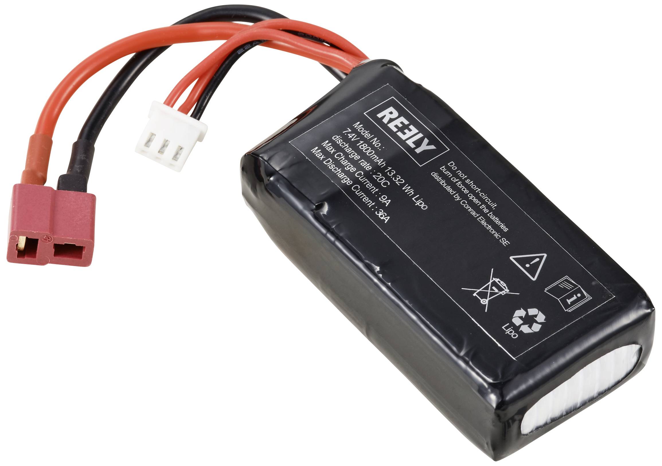 Černý Reely lithium-polymerový akumulátor s červenými a černými vodiči a konektory. Modely: 7,4 V, 1300 mAh, 30 C.