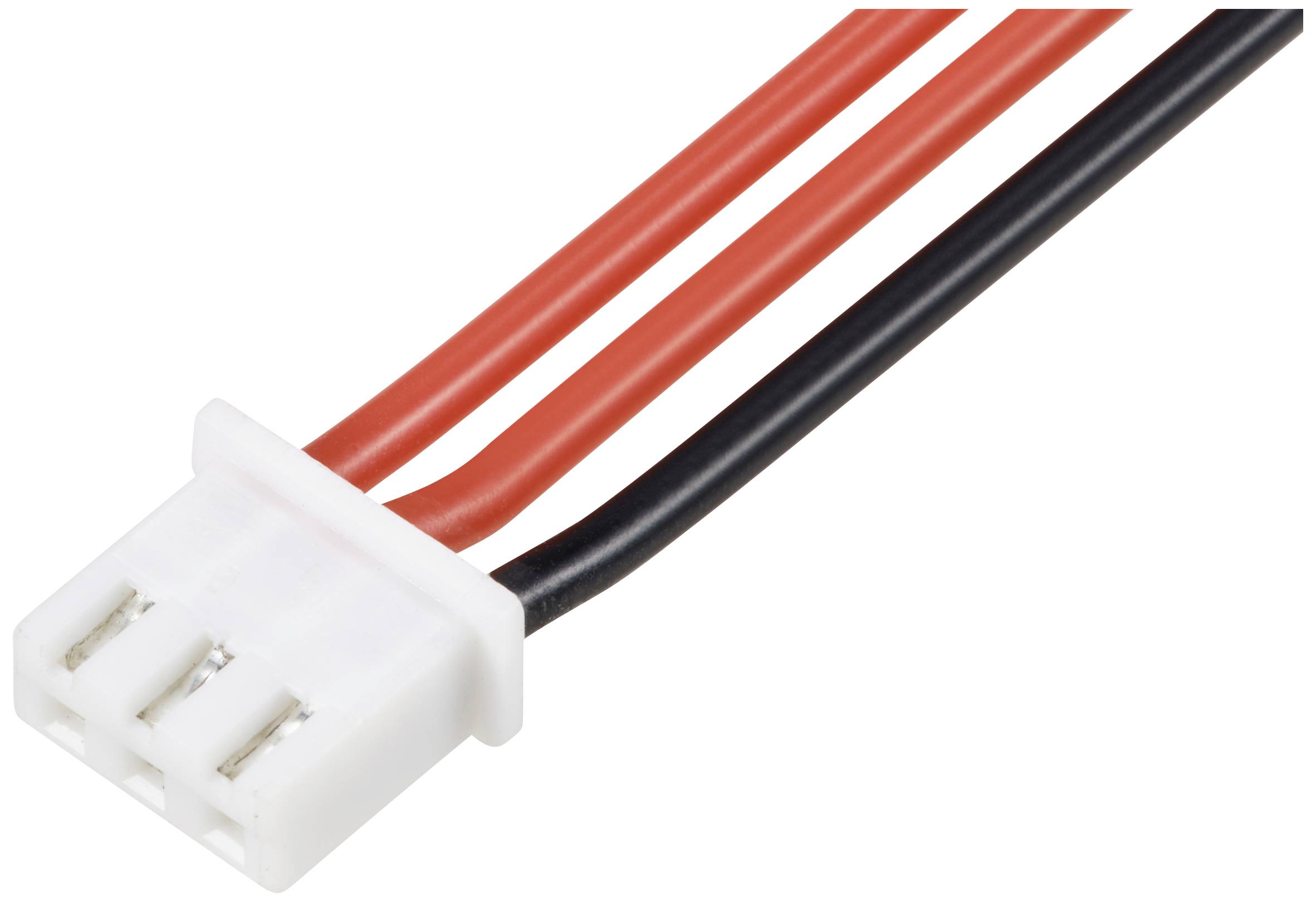 Bílá třípólová zástrčka se dvěma červenými a jedním černým kabelem, používaná pro elektrická propojení v elektronických zařízeních.