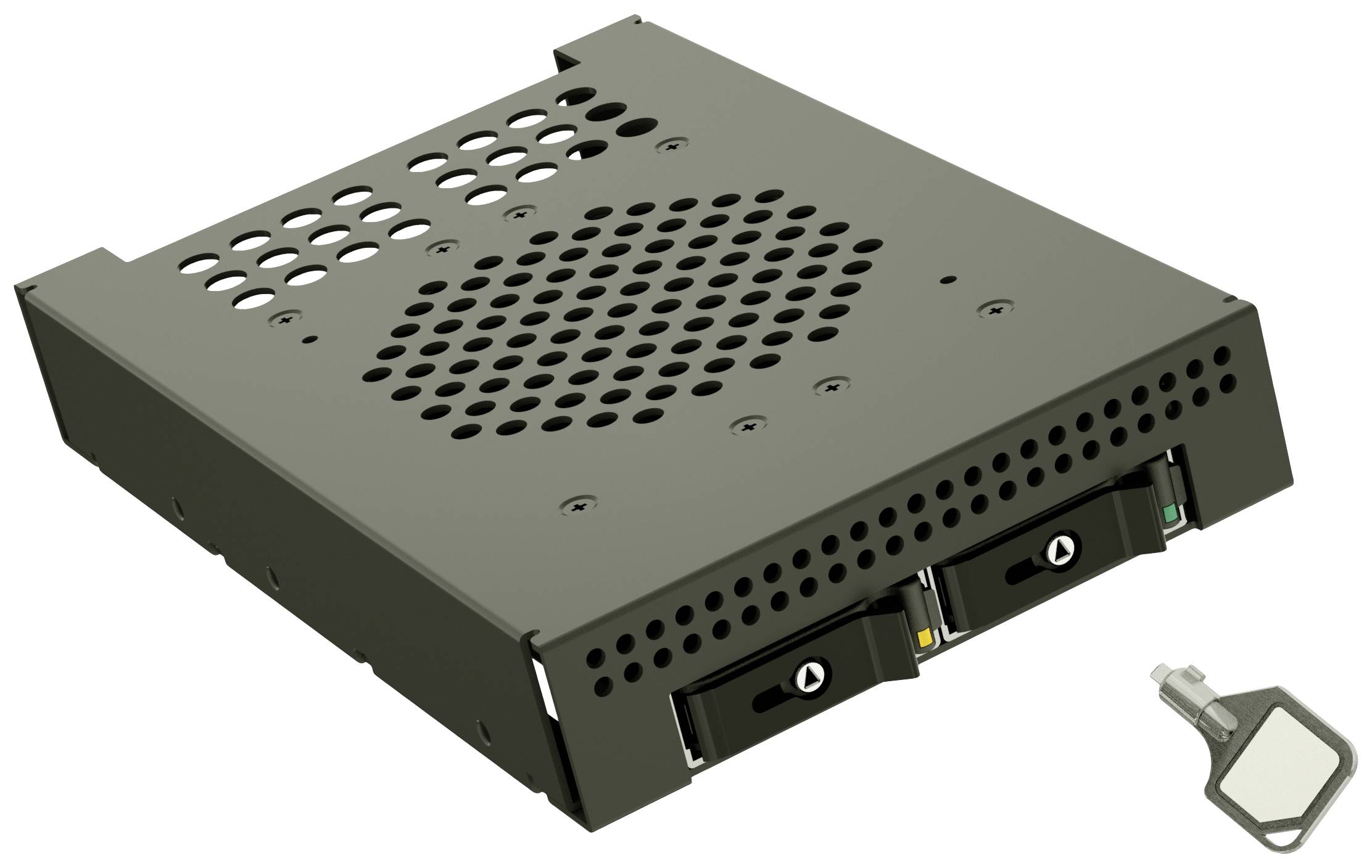 Externí držák pevného disku se dvěma zabezpečenými šachtami a příslušným klíčem. Větrací otvory na horní straně.