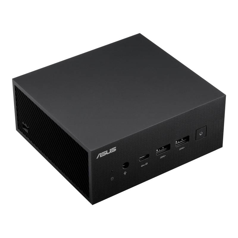 Černý mini-počítač s logem ASUS, několika USB porty a vypínačem. Vhodný pro kompaktní počítačové aplikace.