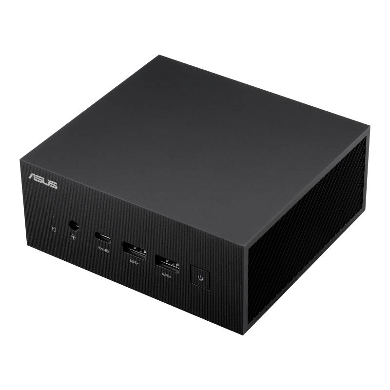Obdélníkový ASUS mini počítač s černým tělem. Vpředu jsou viditelné konektory a síťový vypínač.